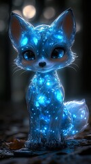 A cute, cartoon-style, blue glowing fox with large eyes sits on a forest floor with a soft, blurry background.