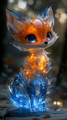 A cute, cartoon-style fox with blue and orange glowing fur.