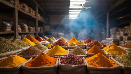 Vibrant mounds of various spices are displayed in burlap bags at a bustling market. The scene captures an array of colors and textures, showcasing the rich culinary heritage of the region.