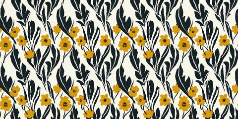 Modern printed fabric flower block print pattern with linen texture effect. Stylized boho dark floral for chic fashion background motif border design.