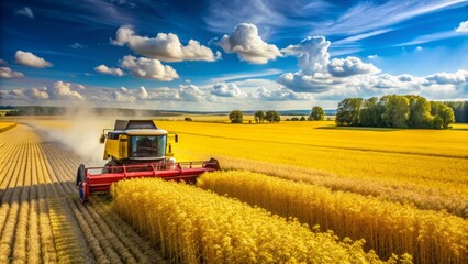 Fototapeta premium Golden rapeseed fields stretch towards the horizon as a combine harvester collects the ripe crop on a sunny day in late summer.