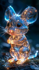 A translucent glass mouse figurine with glowing lights inside.