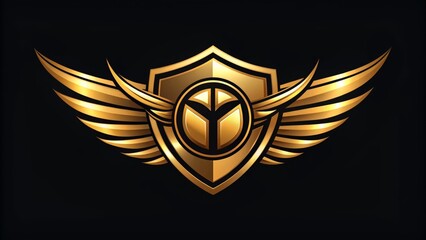 Golden shield emblem with bold typography and stylized wings, surrounded by a circle, representing speed, strength, and unity for a dynamic sports club brand identity.