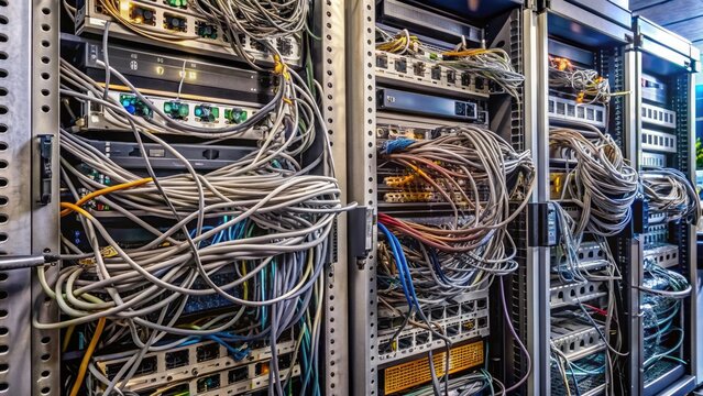 Dusty, outdated rack-mounted server with tangled cables, blinking lights, and worn-out components, signifying obsolescence and the need for technological upgrades in a crowded data center.
