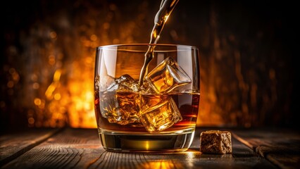 Fototapeta premium Golden whiskey pours into a solitary glass against a dark, moody background, spotlighting the amber liquid's rich, velvety texture and subtle, inviting sheen.