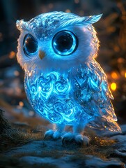 A cute, cartoon-style owl with large, blue eyes and a frosted, glowing blue body, standing on a branch in a dark, forested setting.