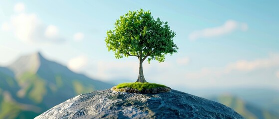 Lonely green tree growing on a rocky hilltop, with a scenic mountain landscape in the background under a clear blue sky.