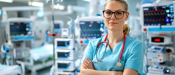 Confident nurse with glasses in ICU, surrounded by medical equipment. Professional healthcare worker providing critical care in hospital.