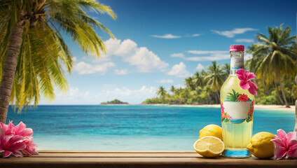 Obraz premium A vibrant drink sits on a wooden table, surrounded by lemons and limes, with a tropical beach in the background under clear blue skies and palm trees swaying gently.