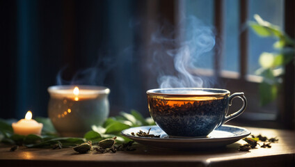 A hot cup of herbal tea releases steam while resting on a rustic wooden table adorned with green leaves and softly glowing candles. The warm atmosphere invites relaxation.