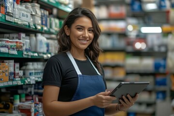 Smiling Retail Worker Using Tablet in Store