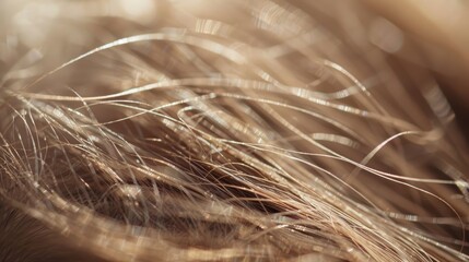 Close-up Macro View of Split Ends in Blonde Hair, Revealing the Fragile and Damaged Structure of Hair Fibers