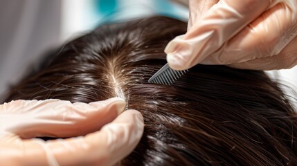 Obraz premium Close-up of a Gloved Hand Applying Hair Treatment to a Woman's Scalp, Demonstrating a New Molecular Hair Repair Technique in a Laboratory Setting
