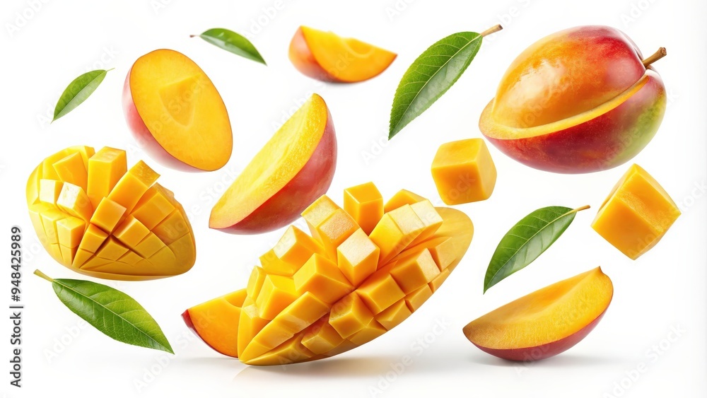 Wall mural Fresh mango slices flying in the air on a white background