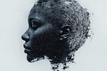 A profile portrait of a woman's face with a textured fingerprint overlay. The image is in a cool, muted color palette and has a subtle grunge aesthetic.