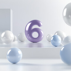 Large purple ball with number six surrounded by floating white and blue spheres in a studio setting