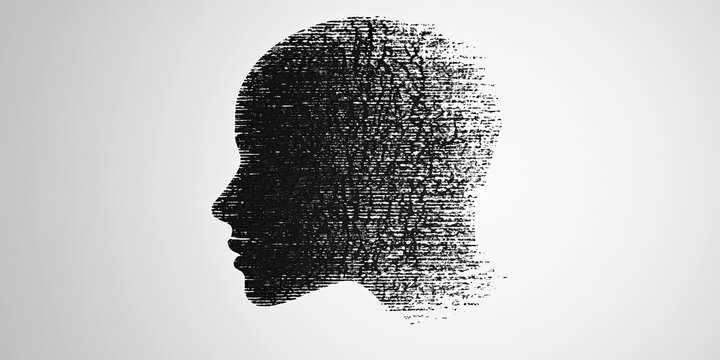 A black and white, digital silhouette of a human head in profile, disintegrating into small pixelated particles on a white background.
