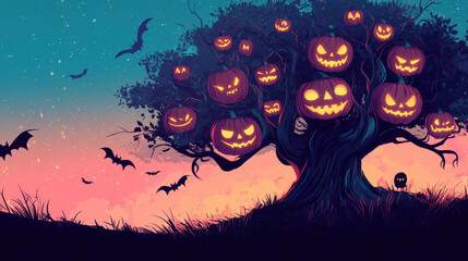 Illustration of a spooky tree with glowing eyes and jacko lanterns, soft colors, whimsical Halloween background, space for text or icons, wallpaper, background