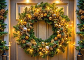 Elegant Christmas wreath adorned with golden garlands and twinkling night lights welcomes guests to a festive home entrance, perfect for holiday celebrations.