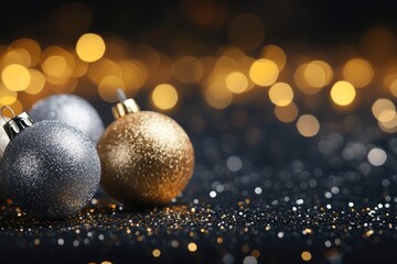 Fototapeta premium Glittering Christmas background with gold and silver baubles on a dark background 