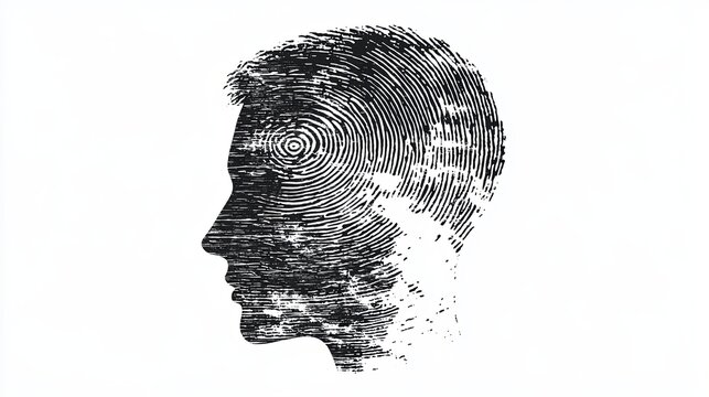 A silhouette of a human head in profile, with a fingerprint pattern overlayed, suggesting the concept of individual identity.