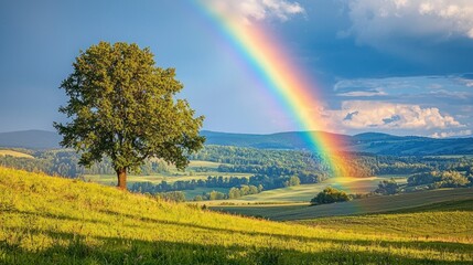 Obraz premium Vibrant Rainbow Arching Over Serene Rural Landscape - Symbolic Sign of Hope and Renewal After Rainstorm