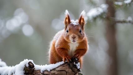 Fototapeta premium Red squirrel peering at a camera while perched on a tree limb in a winter forest