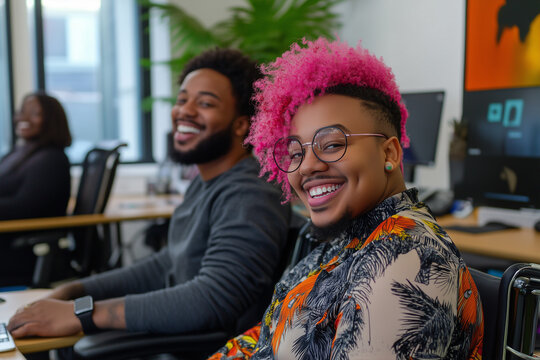 Inclusive and joyful collaboration in a vibrant, diverse workplace with a wheelchair user