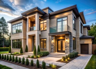 Fototapeta premium Elegant modern residence under construction, showcasing sleek stucco exterior, expansive windows, and ornate stone details, surrounded by lush landscaping and a tranquil neighborhood setting.