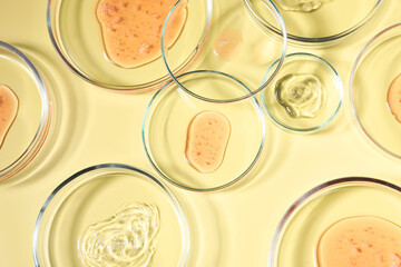 Petri dishes with samples on beige background, top view