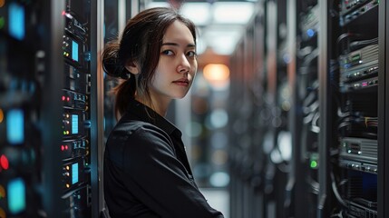 A young woman stands confidently in a server room, surrounded by racks filled with technology, showcasing a modern data center atmosphere.