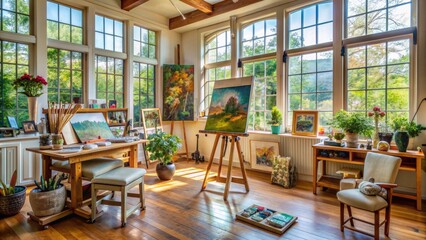 Elegant studio filled with paintings, brushes, and inspirational quotes, capturing the essence of a creative genius's workspace, surrounded by natural light and elegance.