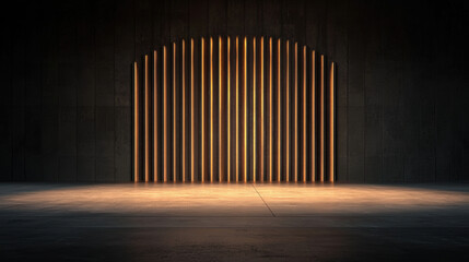 Fototapeta premium Dimly lit modern interior with vertical wooden slats and concrete floor, creating a minimalist architectural design.