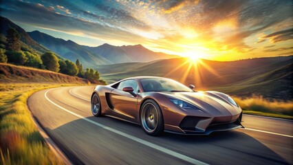 High-performance sports car accelerates down a winding road, showcasing the raw power and energy of its revving engine on a sunny afternoon landscape.