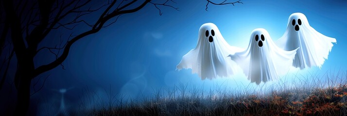 Three cartoon ghost characters floating in eerie blue night sky, perfect for Halloween themes and spooky, mystical, or fantasy concepts.