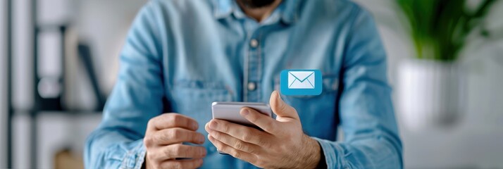 Man using smartphone to check and read new email notifications. Digital communication and technology concept.