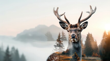 Majestic deer with antlers in a misty forest landscape. Mountains and sunrise in the background, creating a serene natural setting.