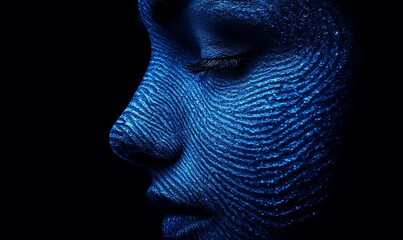 Close-up profile of a woman's face with blue light reflecting off the skin in a wavy pattern.