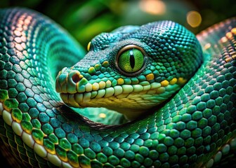 Fototapeta premium Emerald Python Serenity: Lush emerald scales and enchanting patterns, serene and enigmatic ambiance, with a touch of mystical allure.