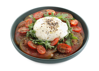 Delicious fresh burrata salad in bowl isolated on white