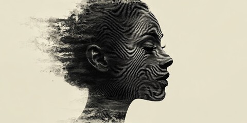 A black and white portrait of a woman's face dissolving into a pixelated haze, with her eyes closed, creating a dreamy and ethereal effect.