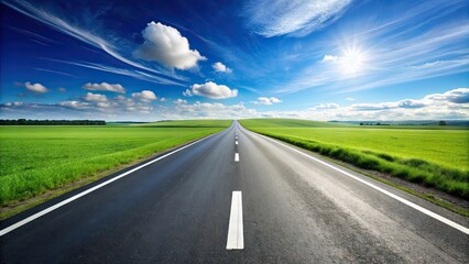 Empty asphalt highway stretches to the horizon, marked by crisp white lines and arrows, with a blurred green grassy median and a clear blue sky.