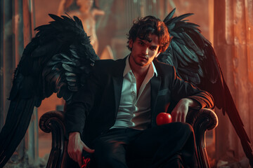 Lucifer Sitting on His Throne in Hell Tempts with His Devilish Charm and Black Wings Holding the Apple of Sin