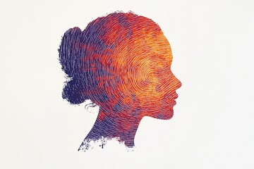 A profile silhouette of a woman's face, with a fingerprint pattern in vibrant orange and purple hues, on a white background.