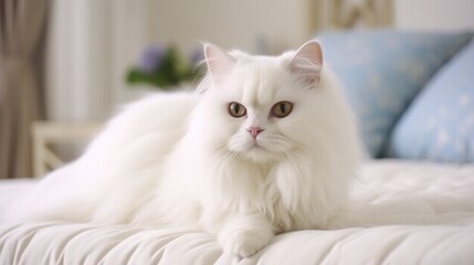 Obraz premium Portrait of a White Persian Cat on a Bed