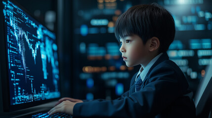 A focused Chinese boy explores the digital world from his desk wearing a school uniform