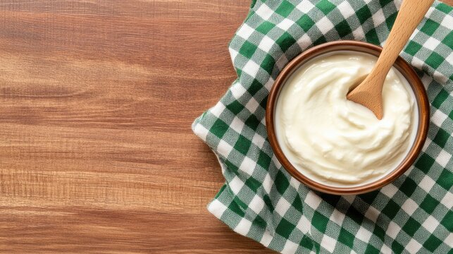 A rustic wooden table features a bowl filled with creamy Greek yogurt alongside a wooden spoon, complemented by a green-and-white checkered cloth for a homey touch