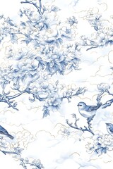 A seamless pattern with blue birds perched on delicate branches adorned with white blossoms, set against a background of gold clouds.