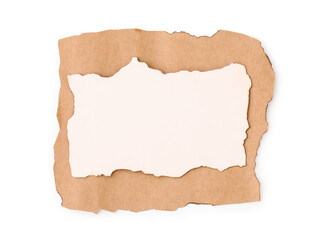 Pieces of old paper with dark burnt borders isolated on white, top view