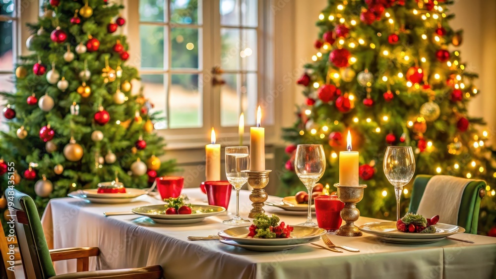 Aufkleber empty table set up in front of a beautifully decorated christmas tree with twinkling lights and fest